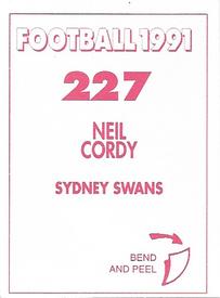 1991 Select AFL Stickers #227 Neil Cordy Back